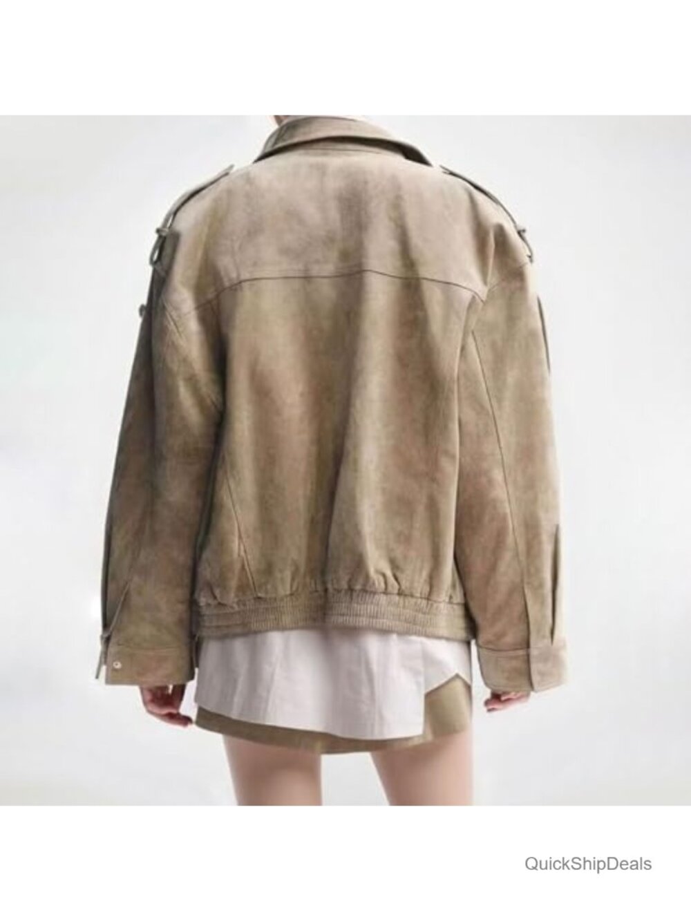 Faux Suede Bomber Jacket Vintage High Collar Zip Up Oversized Coat - Picture 2 of 6